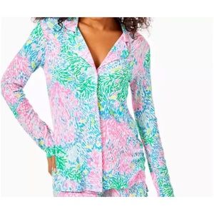 NWT Lilly PJ knit LS button up top, style 007120 in multi stargazer, size Large